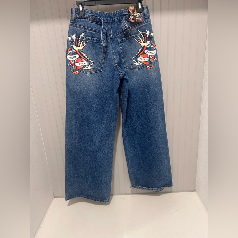 Ed Hardy Blue Women Jeans with Colorful Tattoo Design - Picture 3 of 4